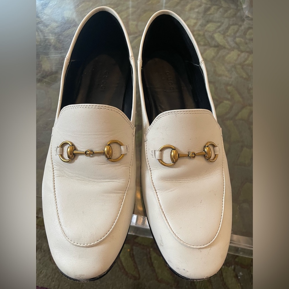 Gucci Women White Leather Loafers Horsebit Buckle